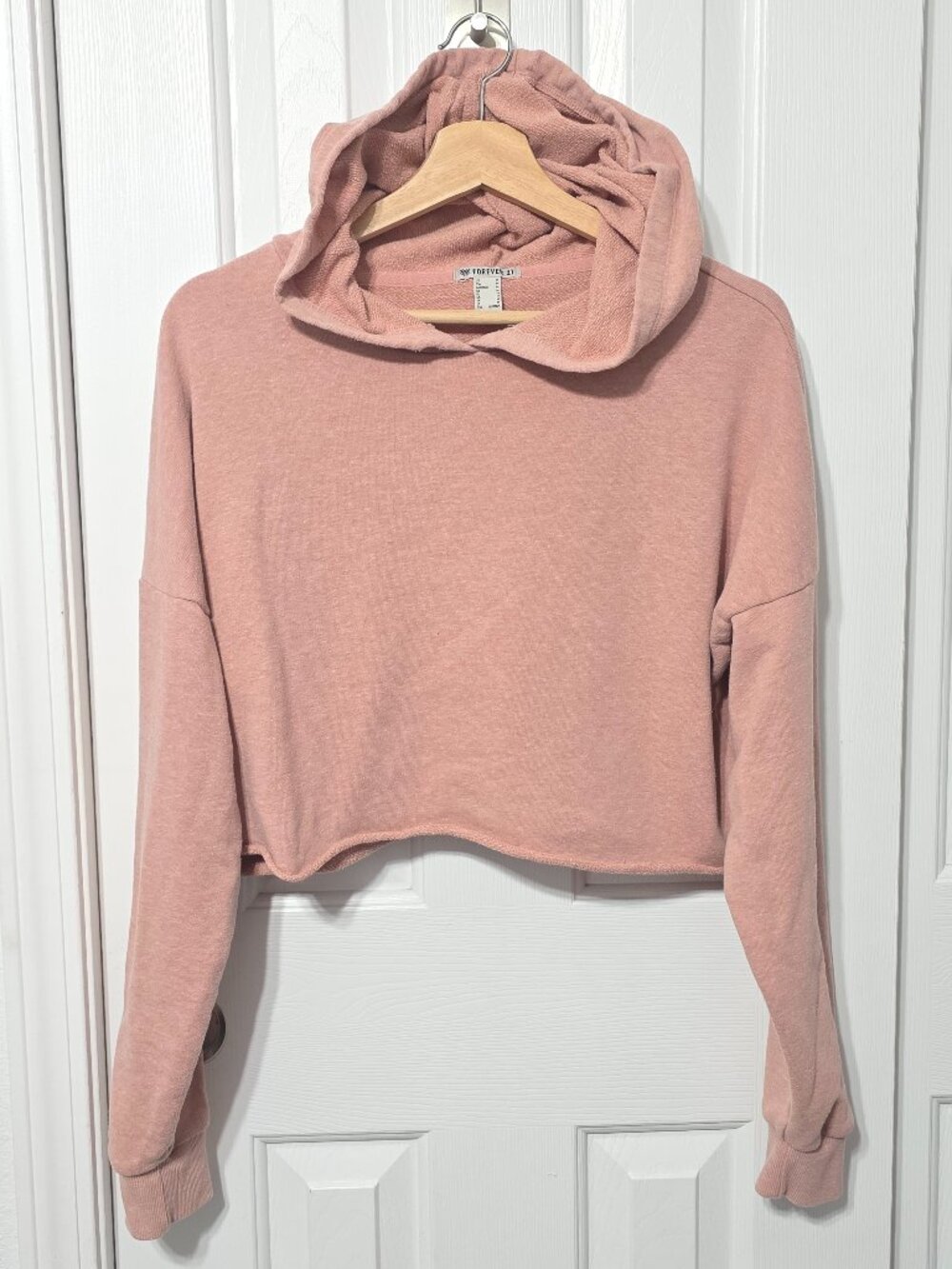 Pink Crop Raw Edge Hoodie, Forever 21, Medium